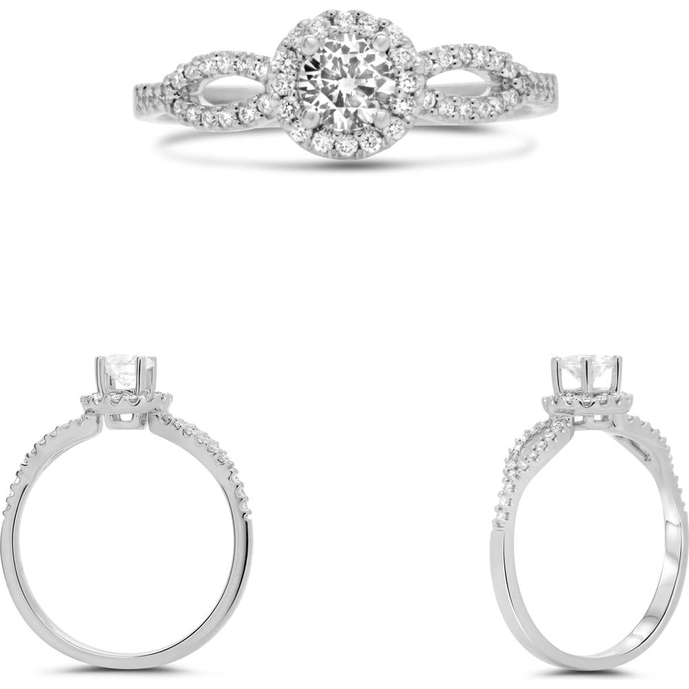 Roman & Jules - 14K White Gold Halo Round Diamond Ring with Split Shank - 0.18 Carat Total Diamond Weight