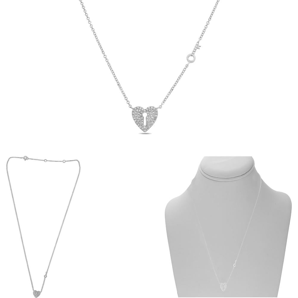 Roman & Jules - 14K White Gold Heart Lock & Key Diamond Pave Necklace - 0.14 Carat Total Diamond Weight