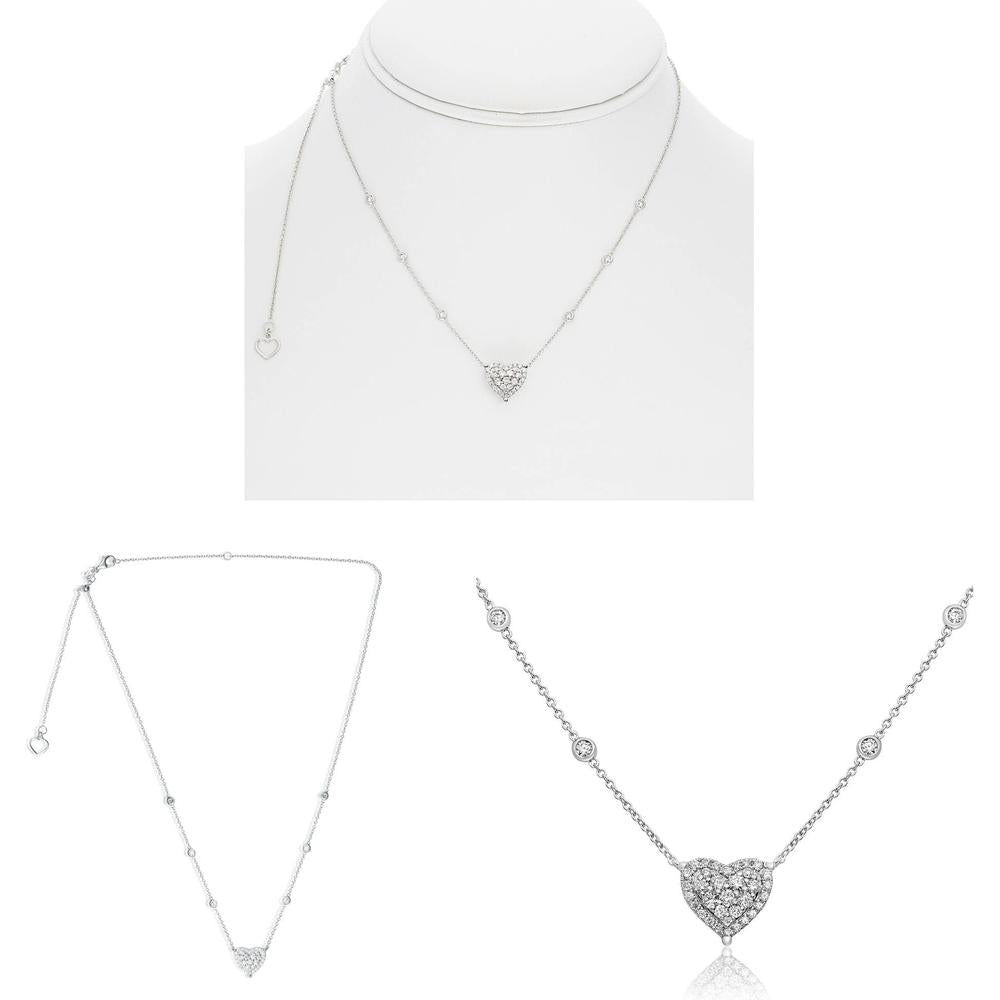 Roman & Jules - 14K White Gold Heart Necklace with Cluster Set Round Diamonds - 0.58 Carat Total Diamond Weight