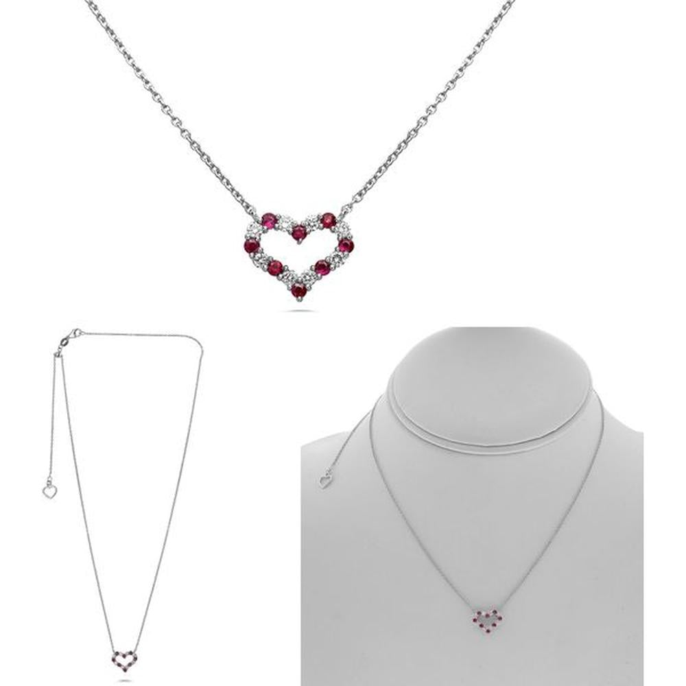 Roman & Jules - 14K White Gold Heart-Shaped Ruby Necklace with Round Diamond Accent - 0.16 Carat Diamond Weight