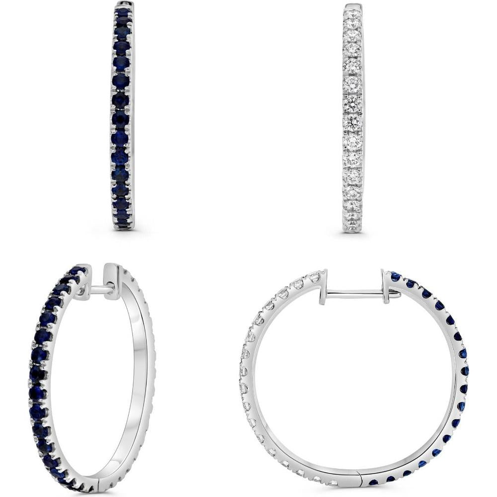 Roman & Jules - 14K White Gold Hoop Earrings with 1.10 Carat Total Sapphire and 0.90 Carat Total Round Diamond