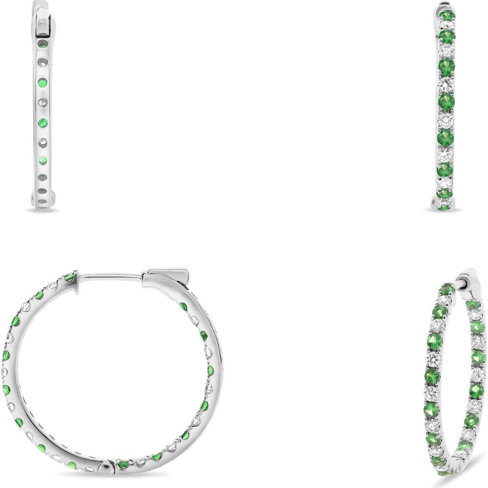 Roman & Jules - 14K White Gold Hoop Earrings with Micropavé Set Round Diamonds and Tsavorite Garnets - 1.28 Carat Total Gem Weight