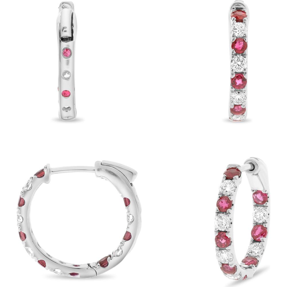 Roman & Jules - 14K White Gold Hoop Earrings with Micropavé Set Round Rubies and Diamonds - 1.00 Carat Total Gem Weight