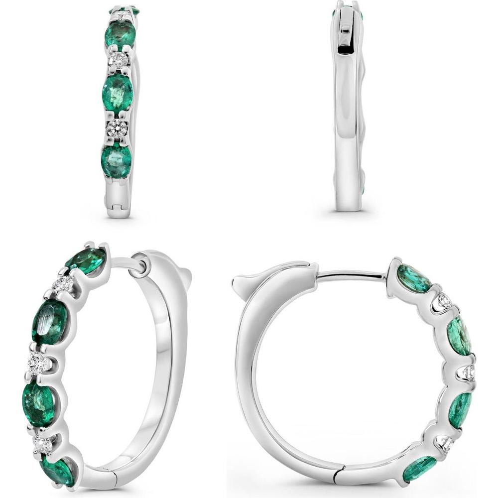 Roman & Jules - 14K White Gold Hoop Earrings with Oval Emeralds and Round Diamonds - 1.25 Carat Total Emerald Weight