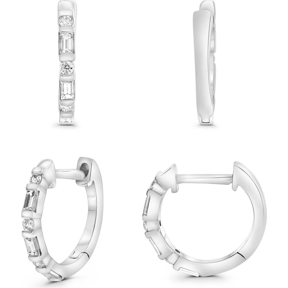 Roman & Jules - 14K White Gold Hoop Earrings with Round and Baguette Diamonds - 0.34 Carat Total Diamond Weight