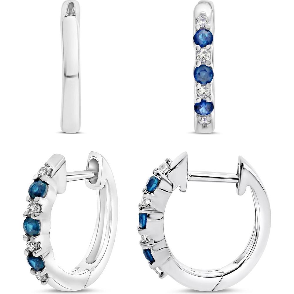 Roman & Jules - 14K White Gold Hoop Earrings with Round Diamonds and Blue Sapphires - 0.16 Carat Total Sapphire Weight, 0.06 Carat Total Diamond Weight