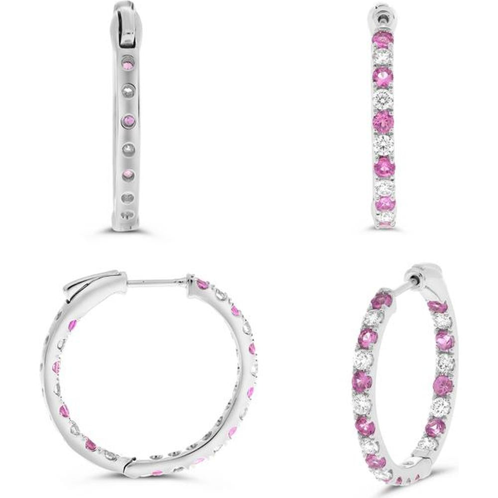 Roman & Jules - 14K White Gold Hoop Earrings with Round Pink Sapphires - 0.75 Carat Total Sapphire Weight