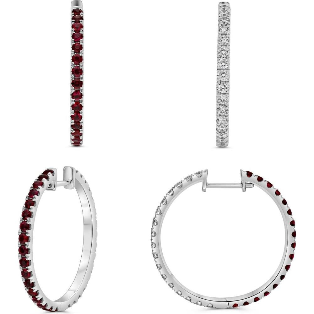Roman & Jules - 14K White Gold Hoop Earrings with Round Rubies and Diamond Accents - 1.10 Carat Total Ruby Weight, 0.90 Carat Total Diamond Weight