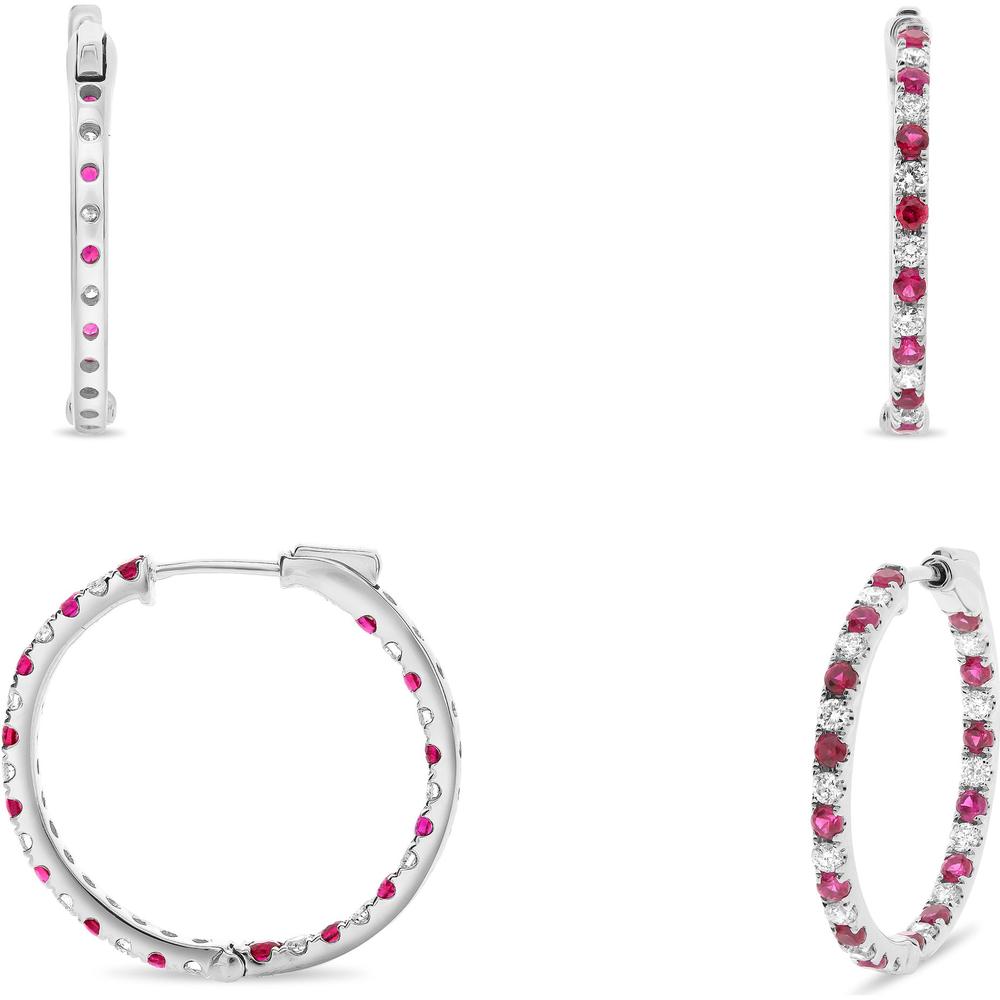 Roman & Jules - 14K White Gold Hoop Earrings with Round Rubies and Diamonds - 0.72 Carat Total Ruby Weight