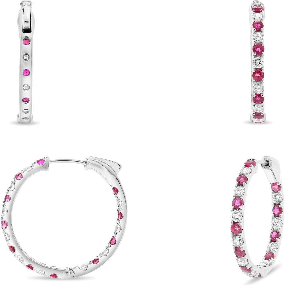 Roman & Jules - 14K White Gold Hoop Earrings with Round Rubies and Diamonds - 1.72 Carat Total Gemstone Weight