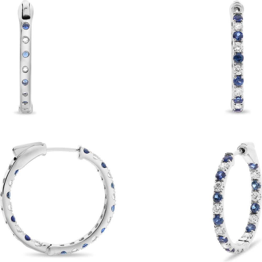 Roman & Jules - 14K White Gold Hoop Earrings with Round Sapphires in Micropavé Setting - 1.05 Carat Total Sapphire Weight