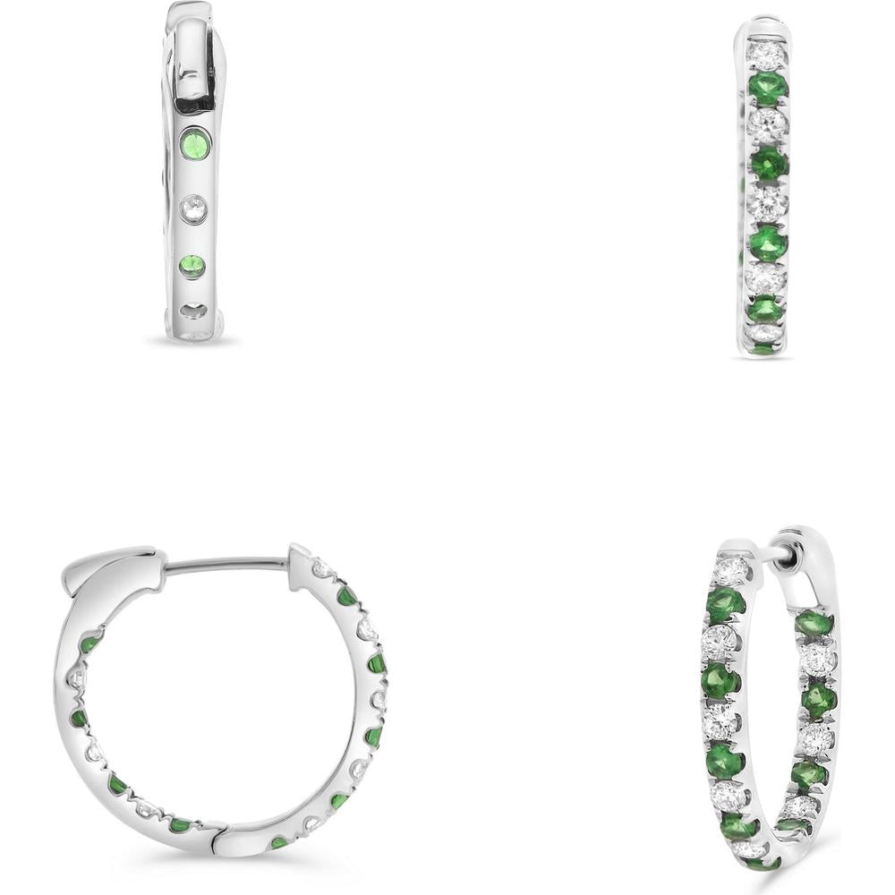 Roman & Jules - 14K White Gold Hoop Earrings with Round Tsavorite and Diamond Micropavé Setting - 0.36 Carat Total Diamond Weight