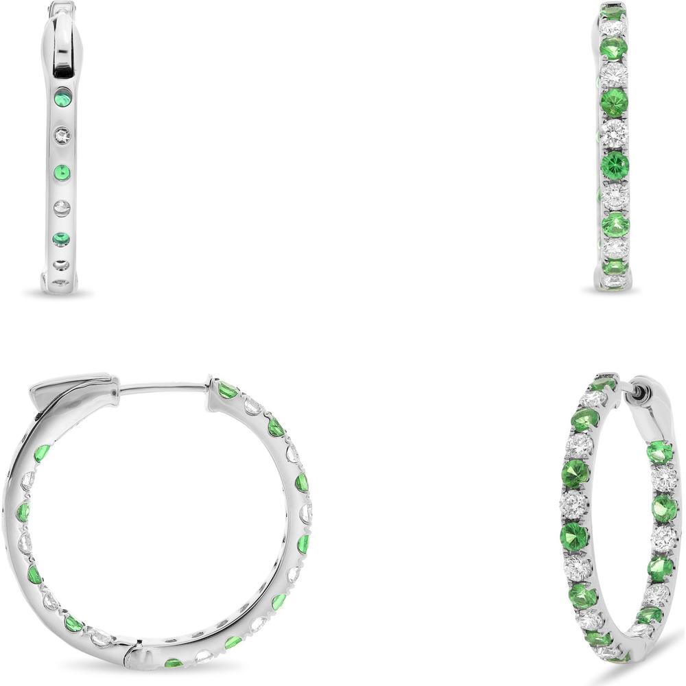 Roman & Jules - 14K White Gold Hoop Earrings with Round Tsavorite and Diamonds - 0.90 Carat Total Gem Weight