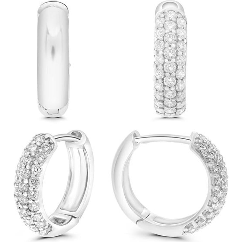 Roman & Jules - 14K White Gold Hoop Earrings with Shared Prong Set Round Diamonds - 1.00 Carat Total Diamond Weight