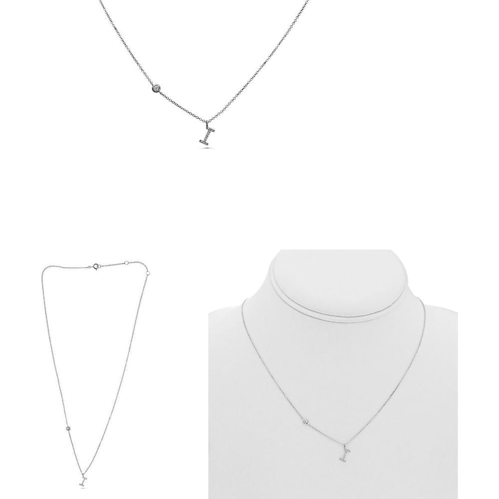 Roman & Jules - 14K White Gold "I" Initial Necklace with 0.08 Carat Round Diamond in Micropavé Setting