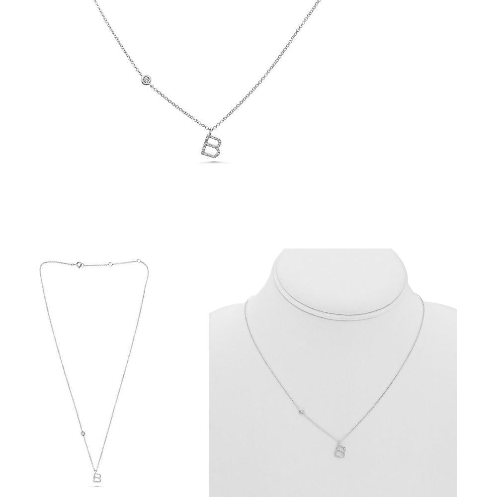 Roman & Jules - 14K White Gold Initial B Necklace with 0.11 Carats of Round Diamonds in Micropavé Setting