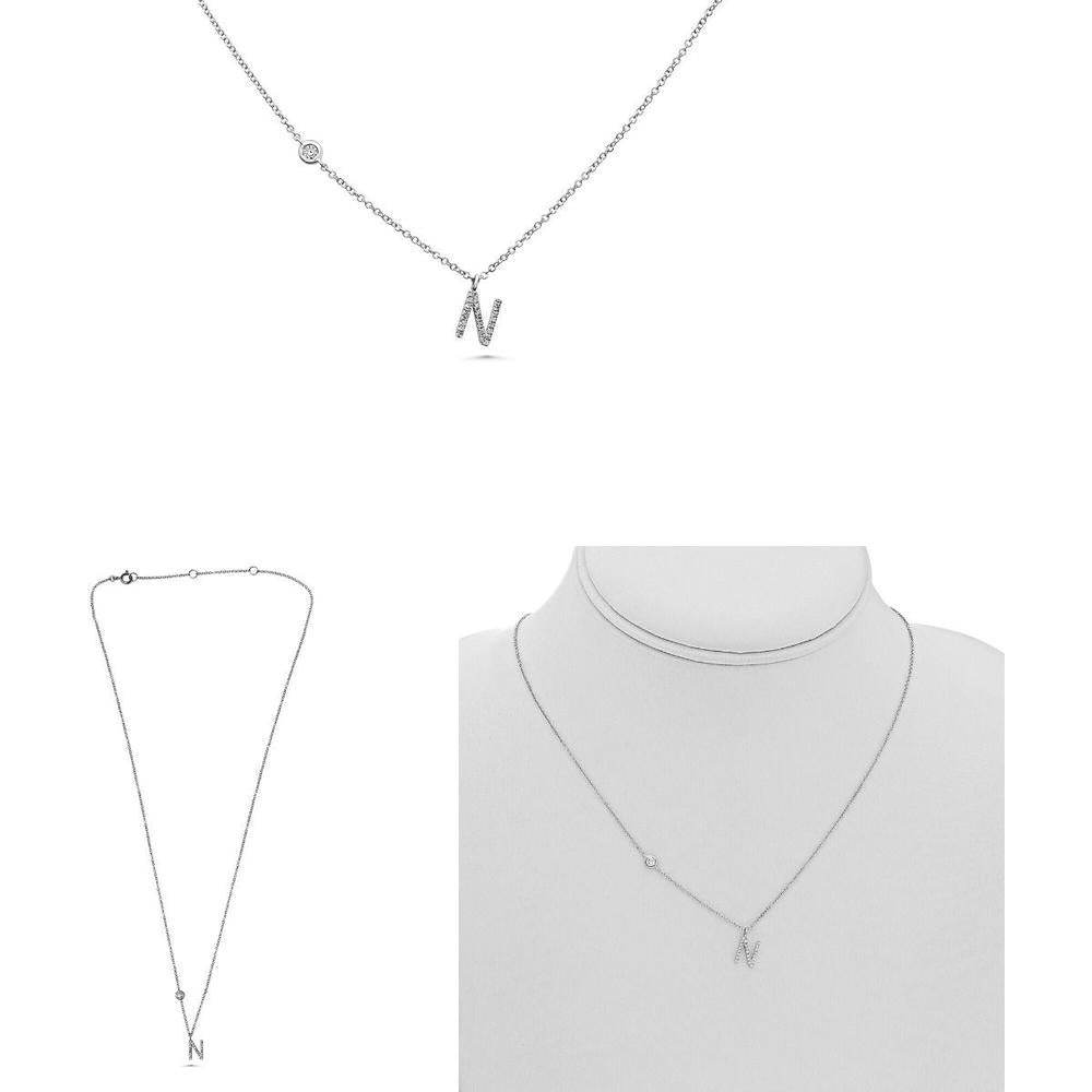 Roman & Jules - 14K White Gold Initial "N" Necklace with Round Diamond - 0.11 Carat Diamond Weight