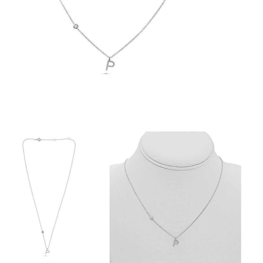 Roman & Jules - 14K White Gold Initial P Necklace with Micropavé Set Round Diamond - 0.09 Carat Total Diamond Weight