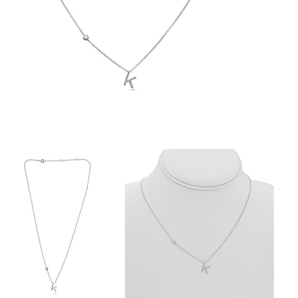 Roman & Jules - 14K White Gold Initials Necklace with 0.09 Carat Round Diamond - Personalized "K" Pendant