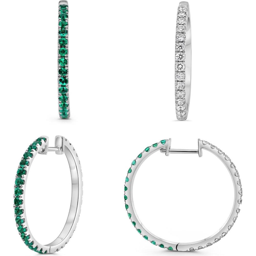 Roman & Jules - 14K White Gold Large Hoop Earrings with Round Emeralds and Micropavé Diamond Accent - 1.80 Carat Total Gemstone Weight