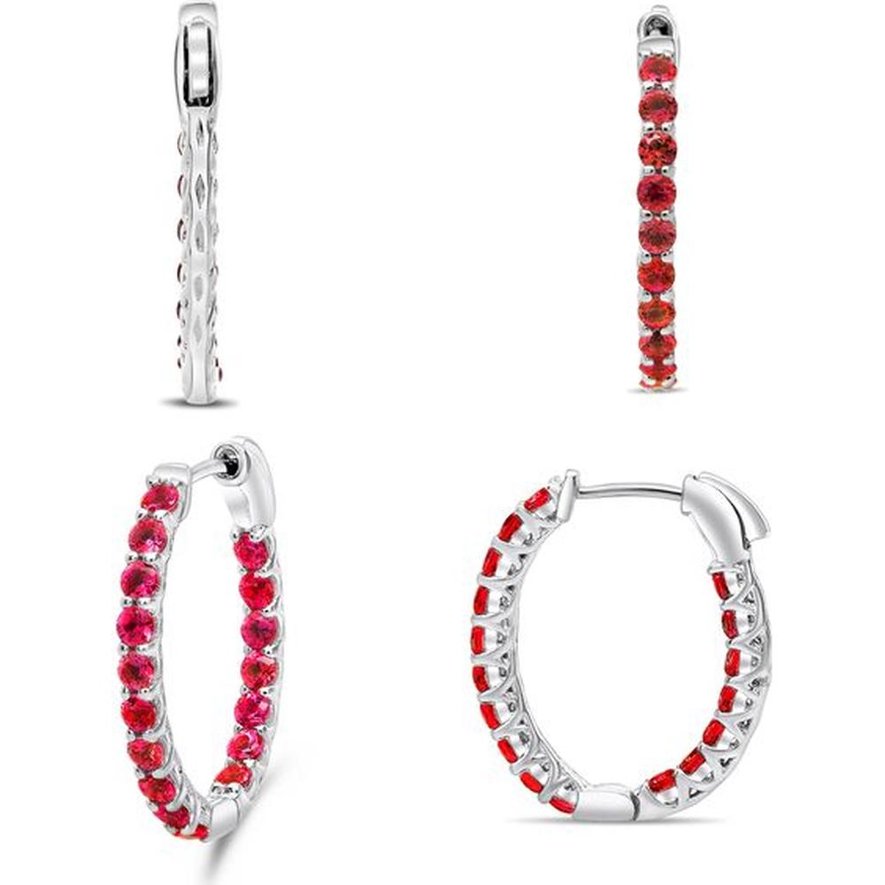 Roman & Jules - 14K White Gold Large Hoop Earrings with Round Rubies - 0.75 Carat Total Ruby Weight