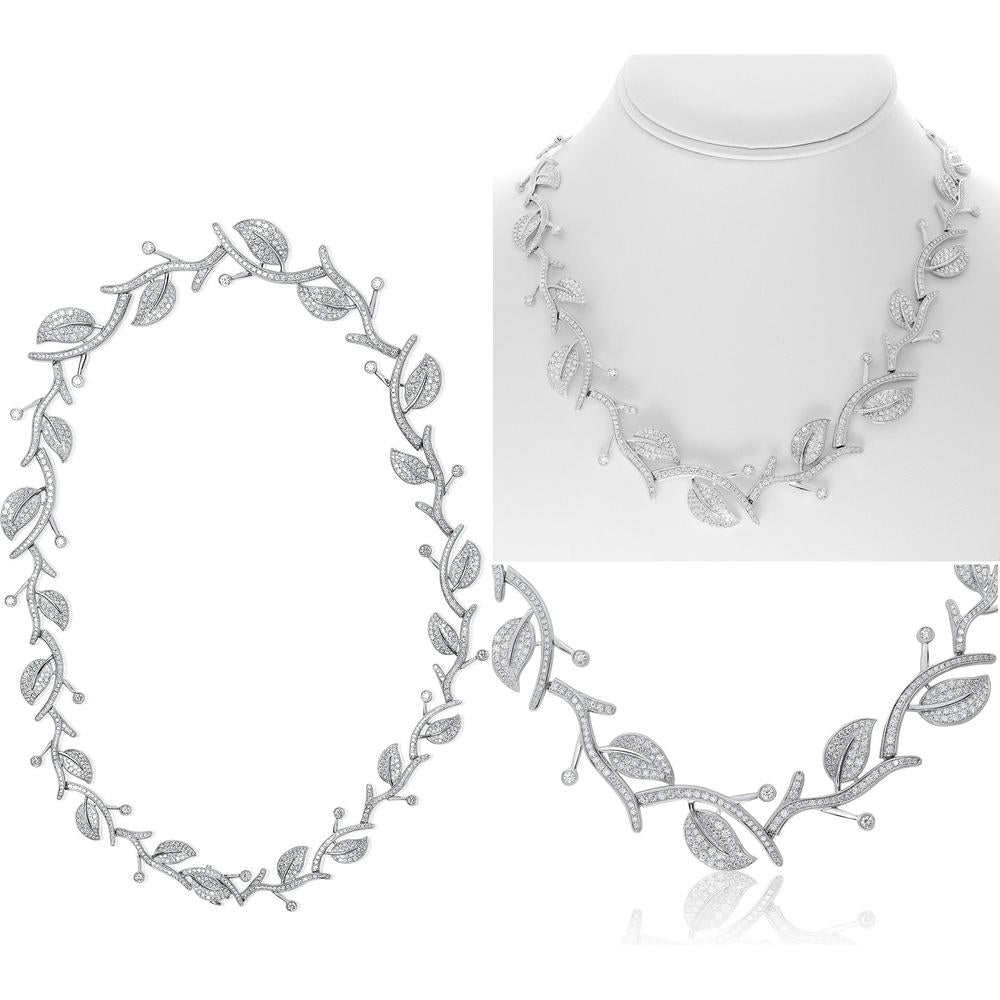 Roman & Jules - 14K White Gold Leaf Necklace with Round Diamonds - 9.81 Carat Total Diamond Weight