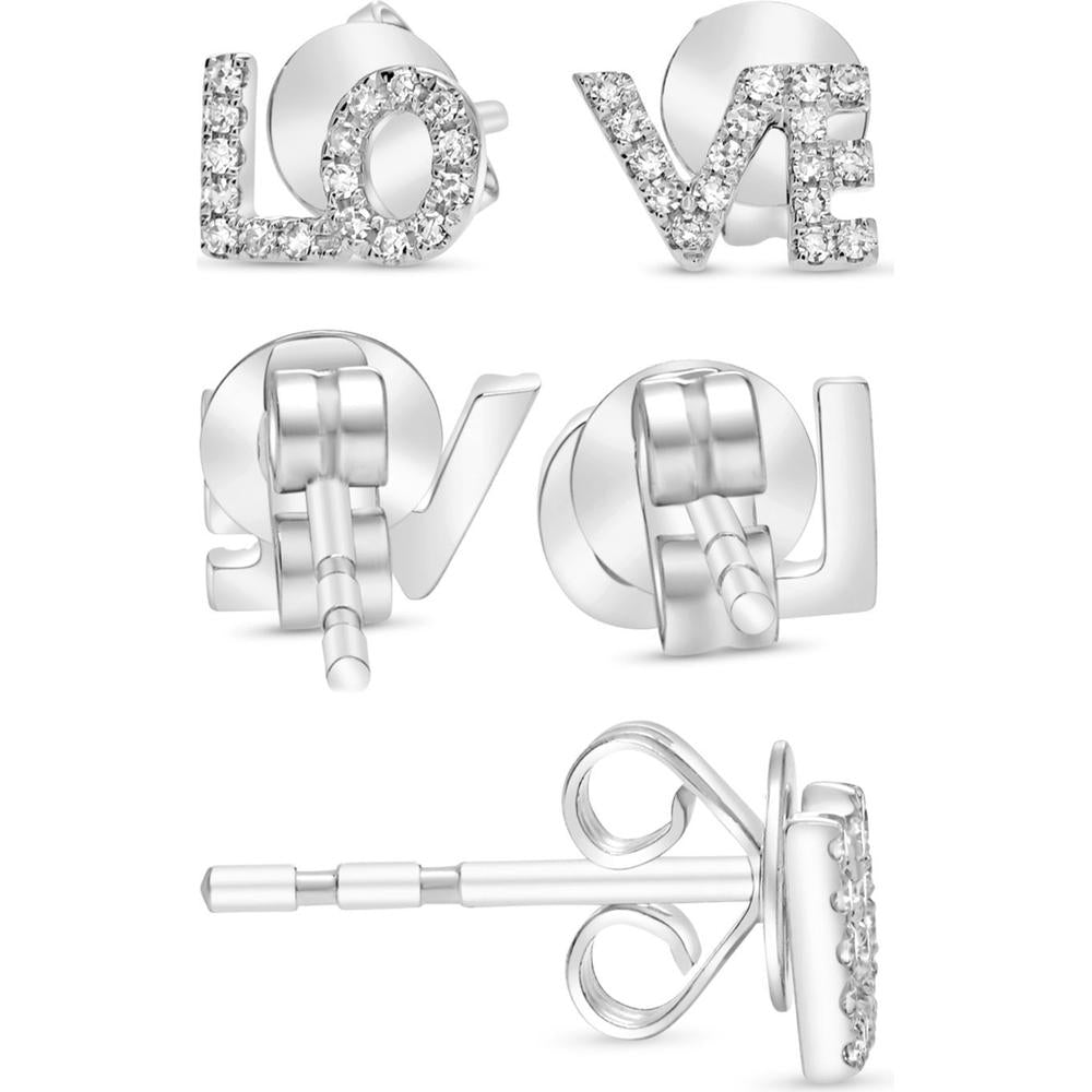 Roman & Jules - 14K White Gold LOVE Stud Earrings with Round Diamonds - 0.09 Carat Total Diamond Weight