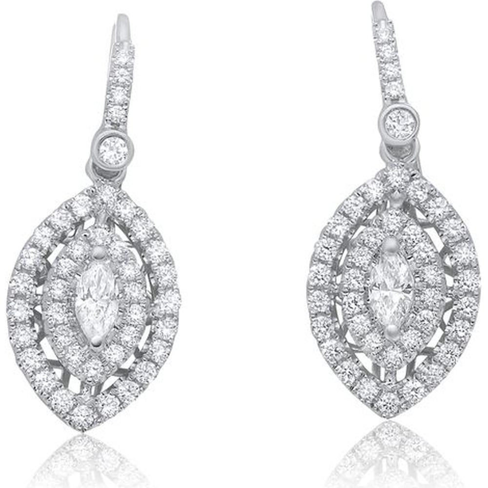 Roman & Jules - 14K White Gold Marquise and Round Diamond Earrings with Double Halo - 1.28 Carat Total Diamond Weight