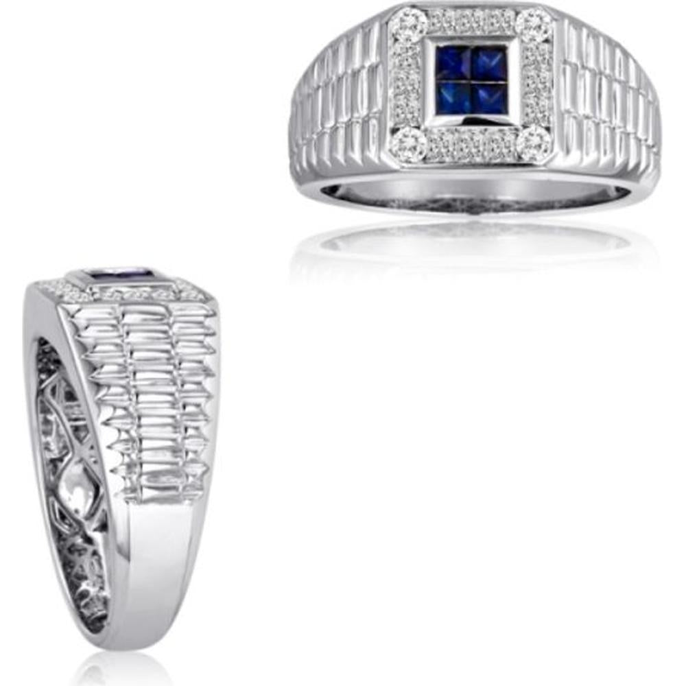 Roman & Jules - 14K White Gold Men's Sapphire and Diamond Halo Ring with 0.41 Carat Total Sapphire and Diamond Weight