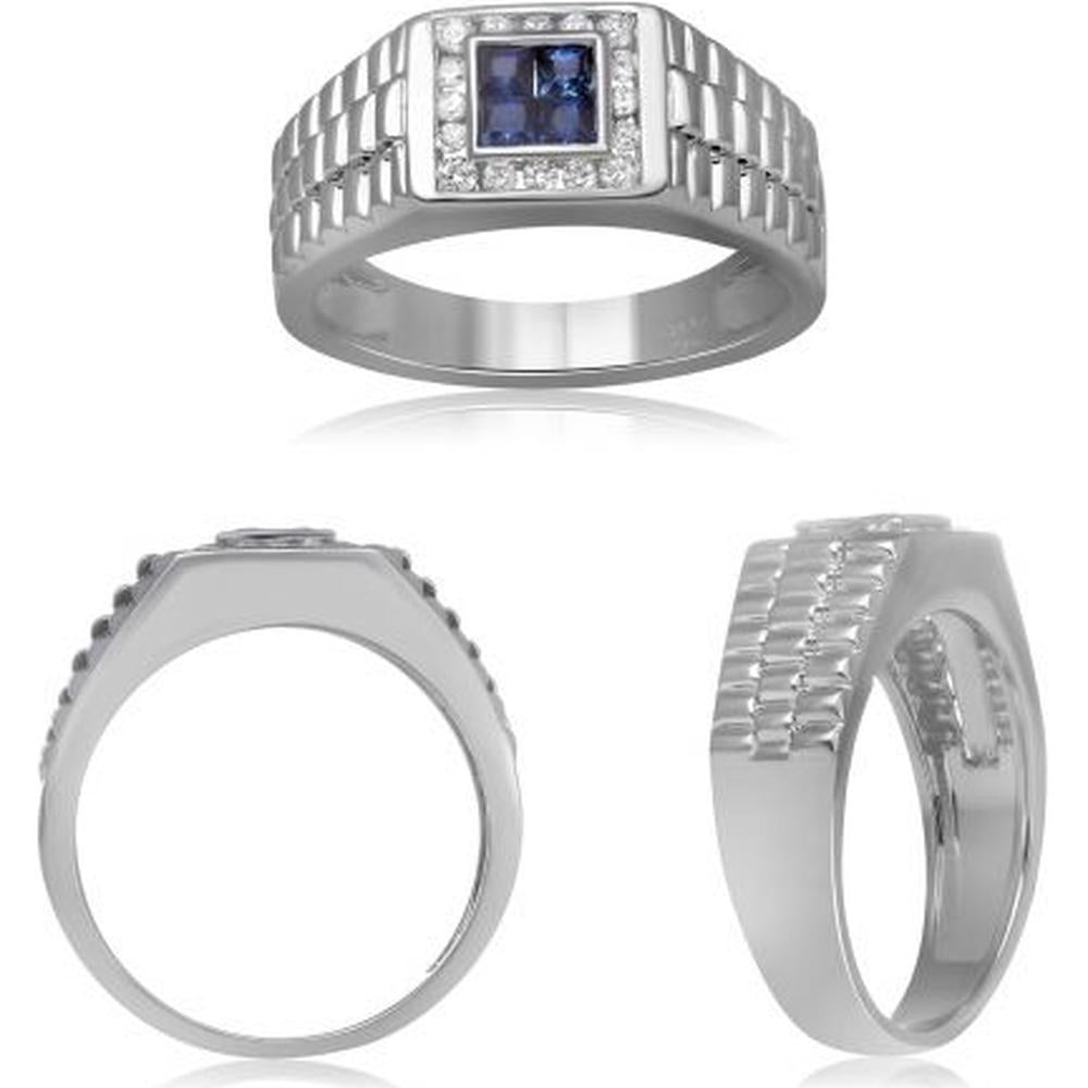 Roman & Jules - 14K White Gold Men's Sapphire Cluster Ring with Round Diamonds - 0.24 Carat Total Diamond Weight