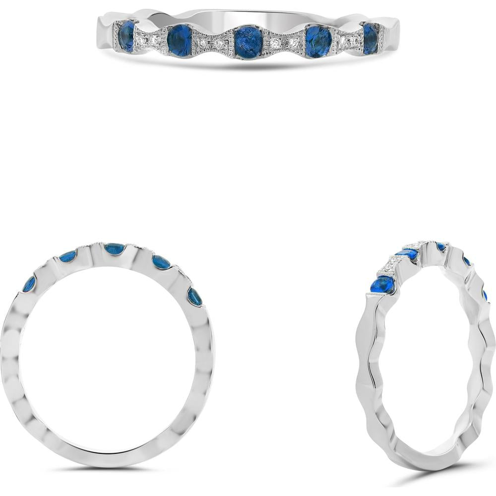 Roman & Jules - 14K White Gold Milgrain Band with Round Diamonds and Sapphires - 0.28 Carat Total Sapphire Weight, 0.02 Carat Total Diamond Weight