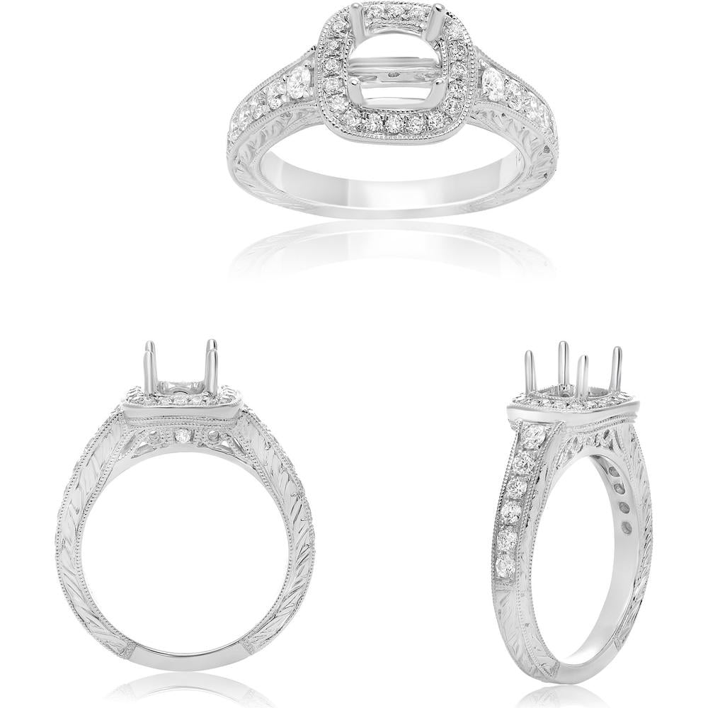 Roman & Jules - 14K White Gold Milgrain Engagement Ring Setting with 0.50 Carat Total Round Diamonds
