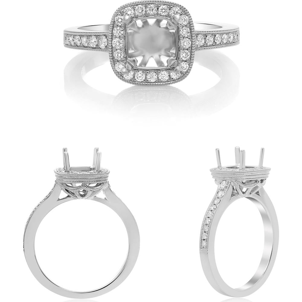 Roman & Jules - 14K White Gold Milgrain Engagement Ring Setting with Halo Round Diamonds - 0.34 Carat Total Diamond Weight