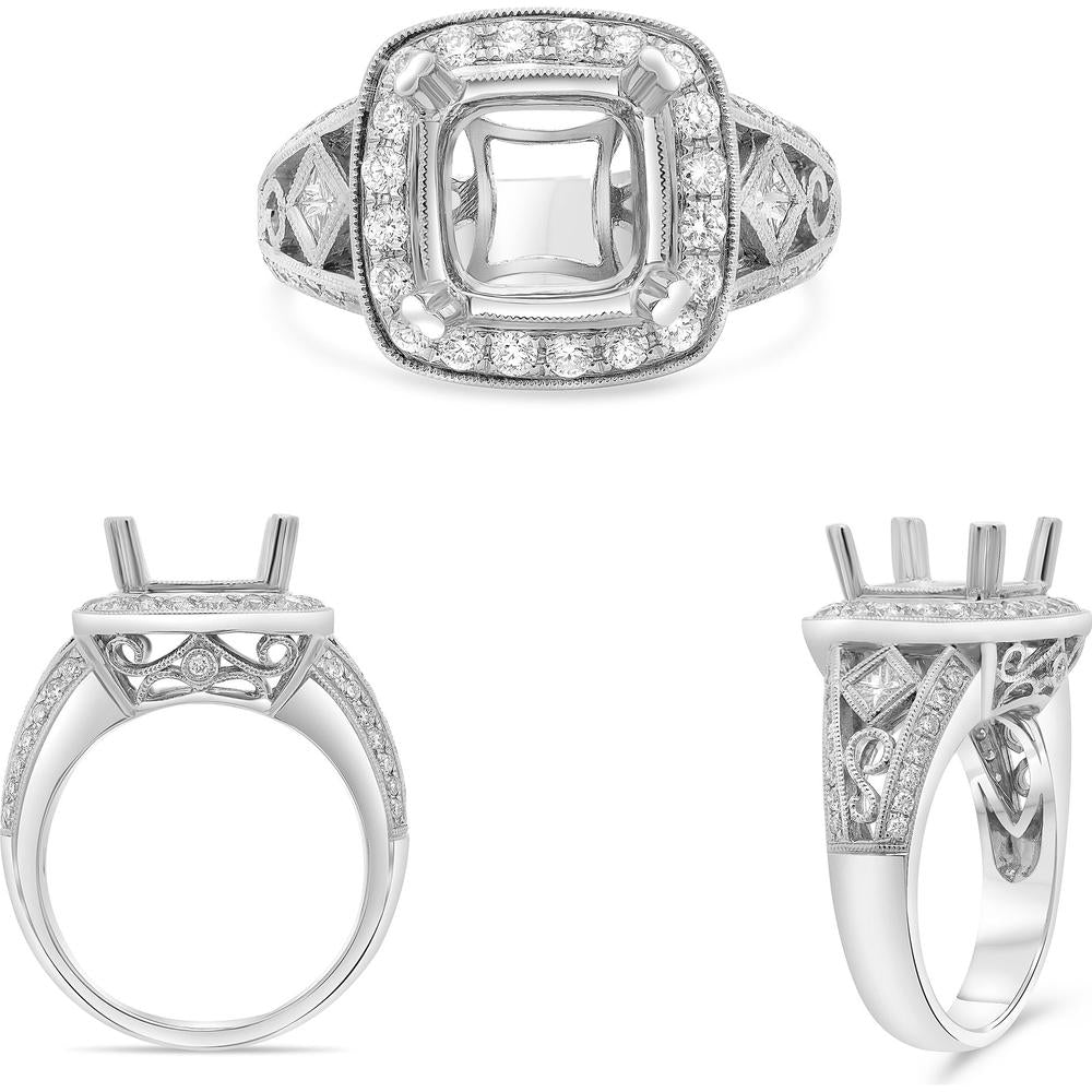 Roman & Jules - 14K White Gold Milgrain Halo Engagement Ring Setting with 0.77 Carat Total Diamond Weight