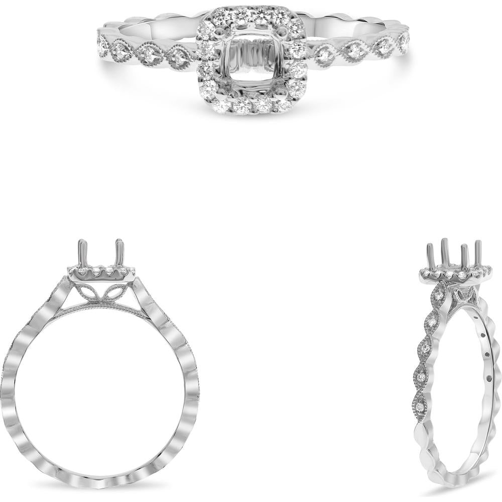Roman & Jules - 14K White Gold Milgrain Halo Engagement Ring with Cushion Cut Diamond - 0.16 Carat Total Diamond Weight