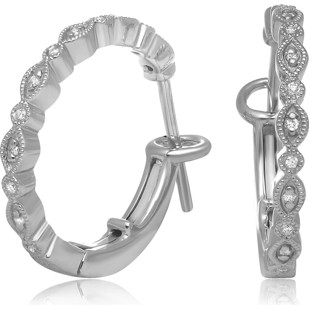 Roman & Jules - 14K White Gold Milgrain Hoop Earrings with Round Diamonds - 0.14 Carat Total Diamond Weight