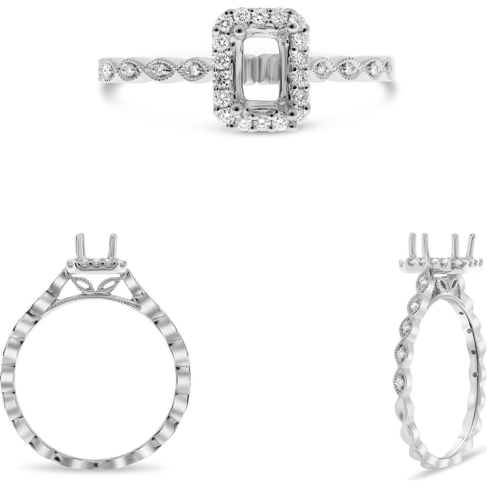 Roman & Jules - 14K White Gold Milgrain Leaf Design Engagement Ring with 0.16 Carat Round Diamonds