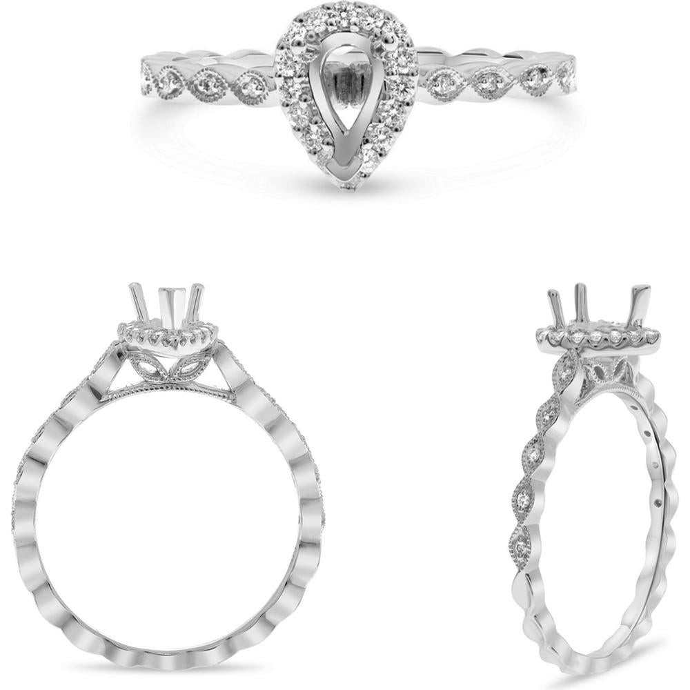 Roman & Jules - 14K White Gold Milgrain Leaf Design Engagement Ring with Halo and Pear-Shaped Diamond Center Stone - 6.00x4.00mm Center Size