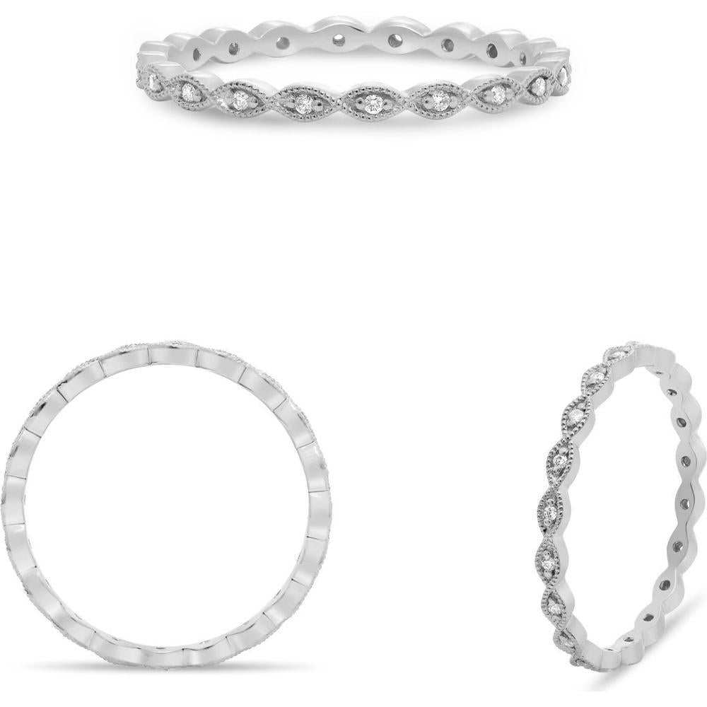 Roman & Jules - 14K White Gold Milgrain Marquise Diamond Eternity Band with Prong Set Round Diamonds - 0.06 Carat Total Diamond Weight
