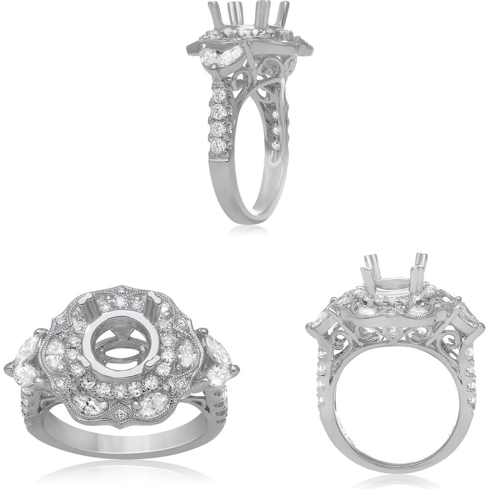 Roman & Jules - 14K White Gold Milgrain Marquise Halo Engagement Ring Setting with 0.63 Carat Round and 0.78 Carat Marquise Diamonds