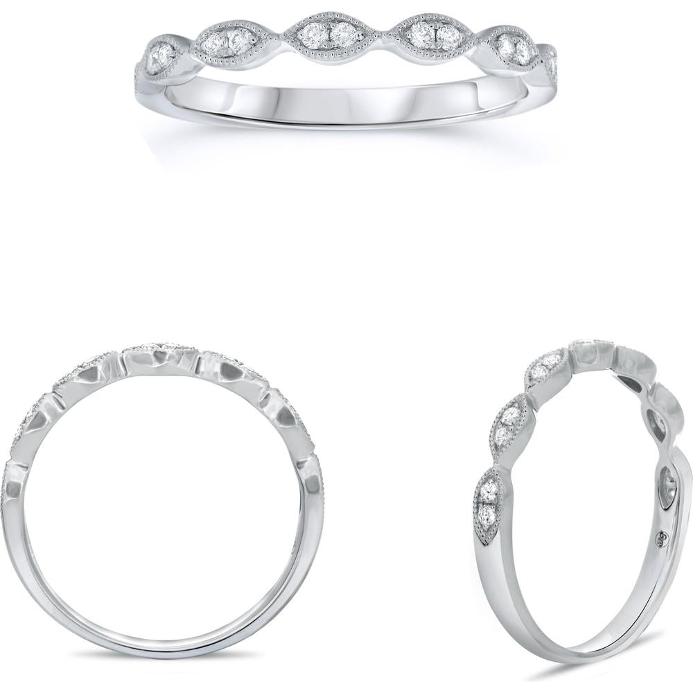 Roman & Jules - 14K White Gold Milgrain Marquise Ring with Round Diamonds - 0.11 Carat Total Diamond Weight