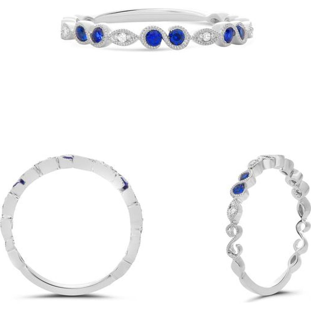 Roman & Jules - 14K White Gold Milgrain Sapphire & Diamond Band with Bezel Set Sapphires and Round Diamonds - 0.02 Carat Diamond Weight, 0.17 Carat Total Sapphire Weight