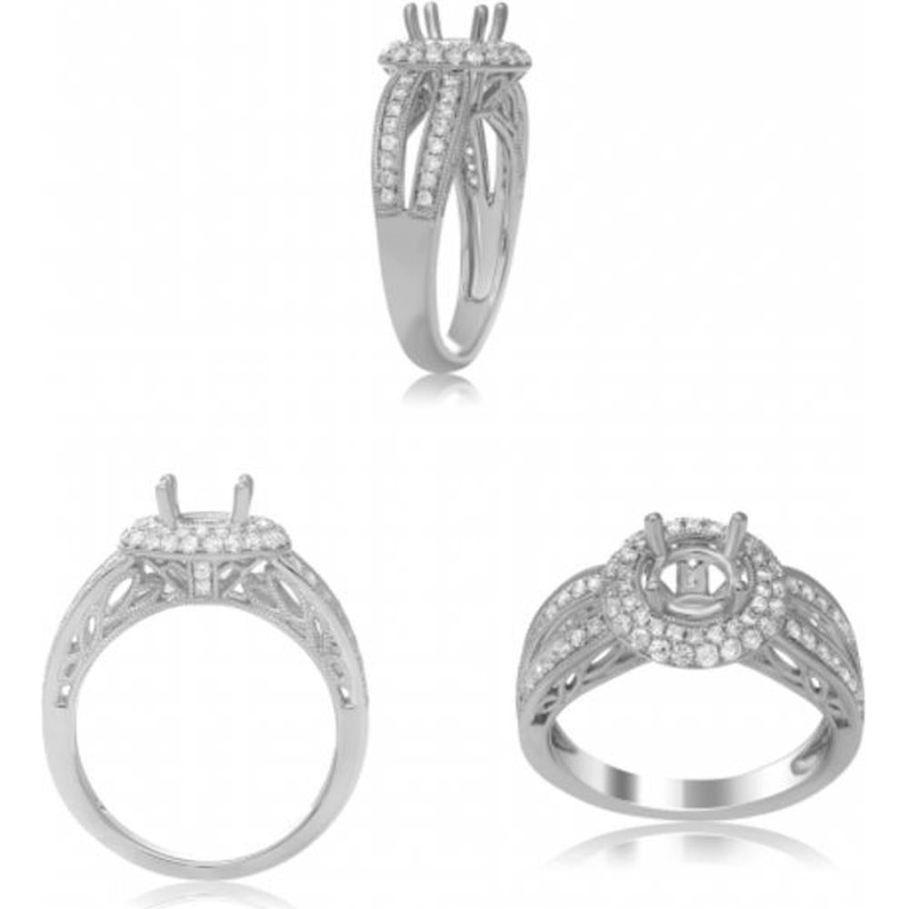 Roman & Jules - 14K White Gold Milgrain Split Shank Engagement Setting with 0.62 Carat Round Diamond Double Halo