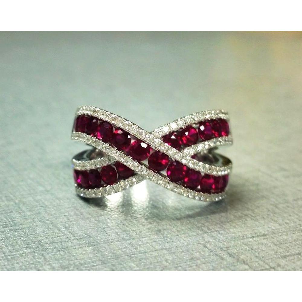 Roman & Jules - 14K White Gold Mixed Shape Ruby Ring with Round Diamonds - 1.95 Carat Total Ruby Weight