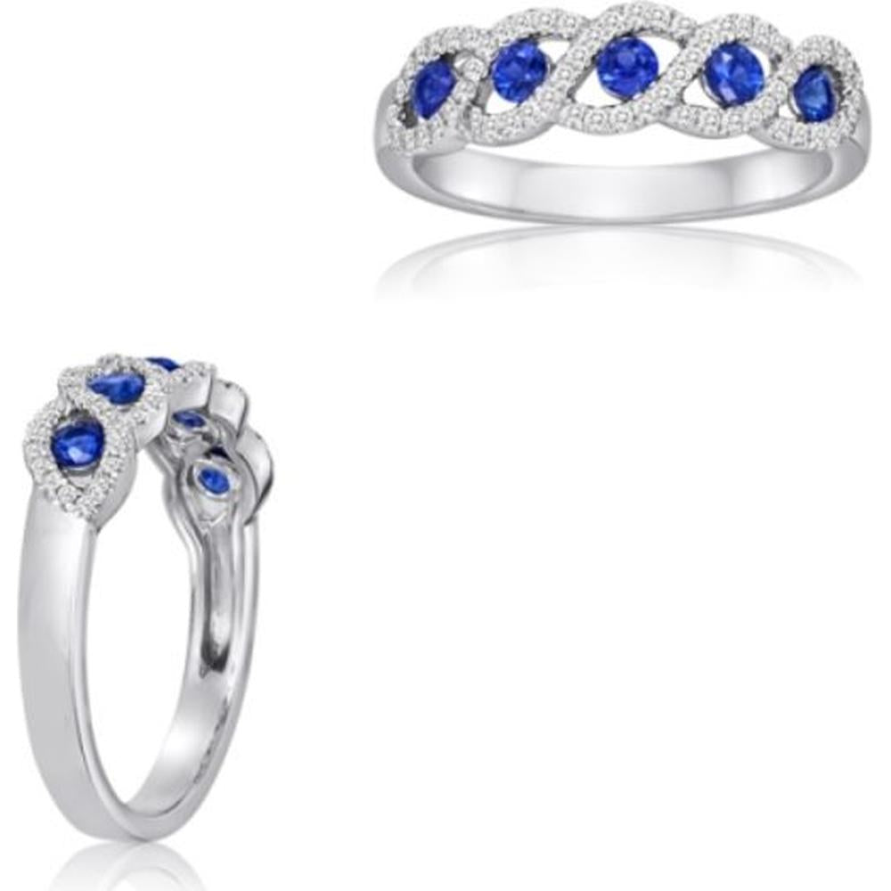 Roman & Jules - 14K White Gold Mixed Shape Sapphire Ring with Round and Pear Sapphires and Diamond Halo - 0.38 Carat Total Diamond Weight
