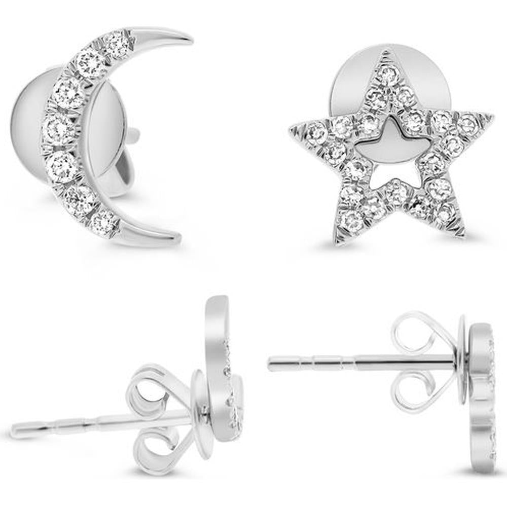 Roman & Jules - 14K White Gold Moon and Star Stud Earrings with Round Diamonds - 0.24 Carat Total Diamond Weight