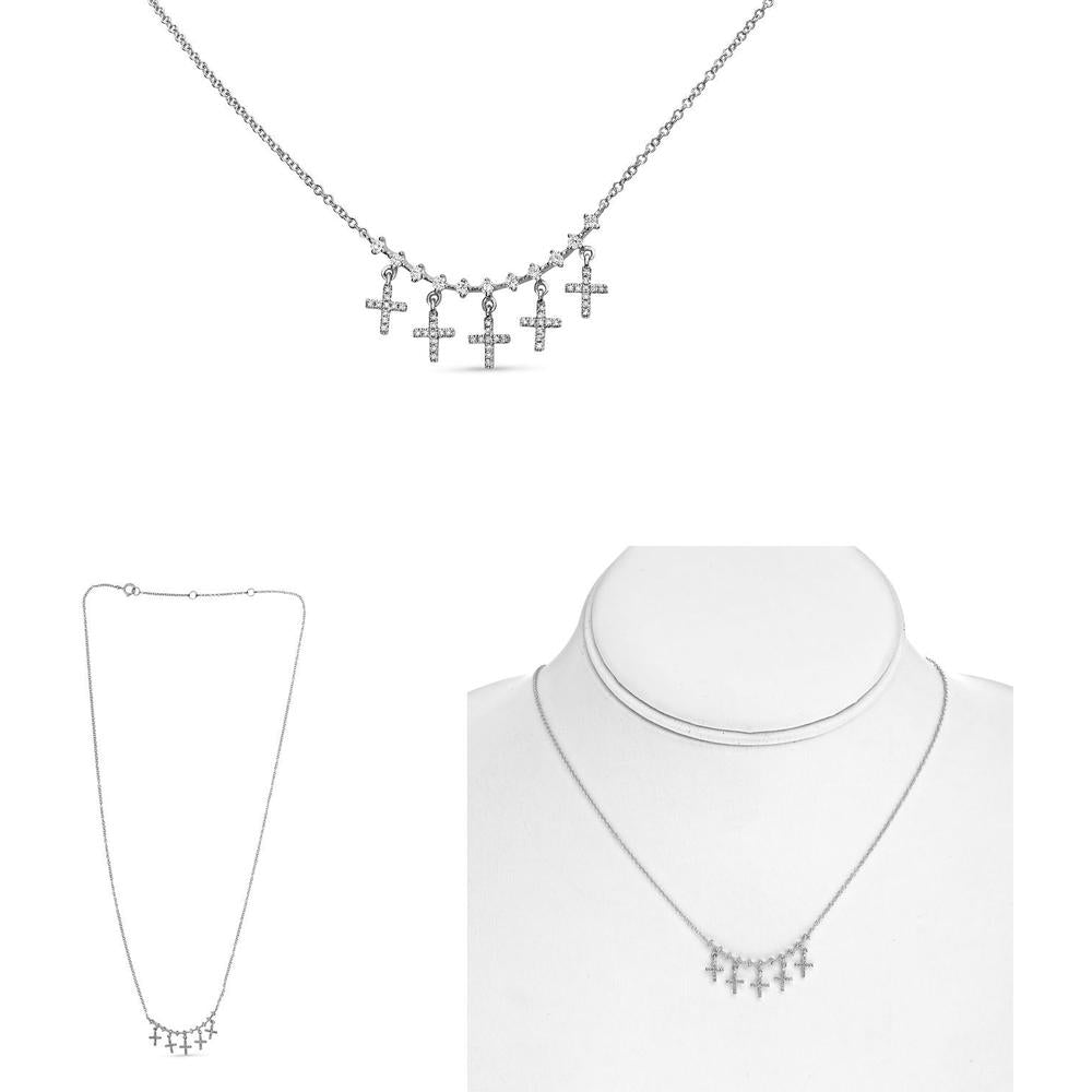 Roman & Jules - 14K White Gold Necklace with Five Cross Pendants and Round Diamonds - 0.28 Carat Total Diamond Weight