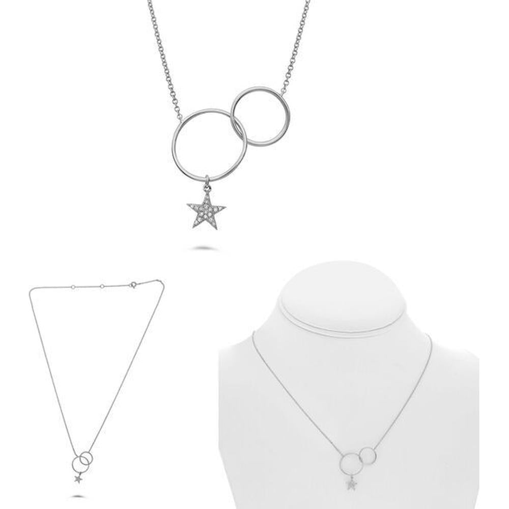 Roman & Jules - 14K White Gold Necklace with Interlocked Circles and Star Charm - 0.04 Carat Total Diamond Weight