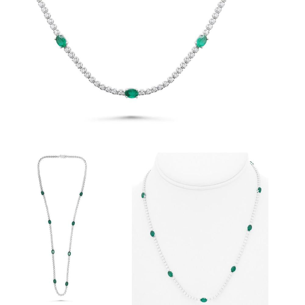 Roman & Jules - 14K White Gold Necklace with Oval Emeralds and Round Diamonds - 2.00 Carat Total Diamond Weight, 3.20 Carat Total Emerald Weight