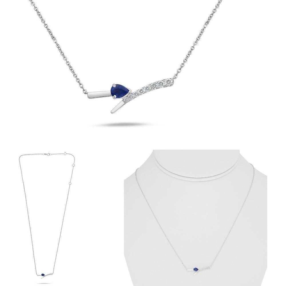 Roman & Jules - 14K White Gold Necklace with Pear-Shaped 0.26 Carat Sapphire and 0.11 Carat Diamond Accented Bar Pendant